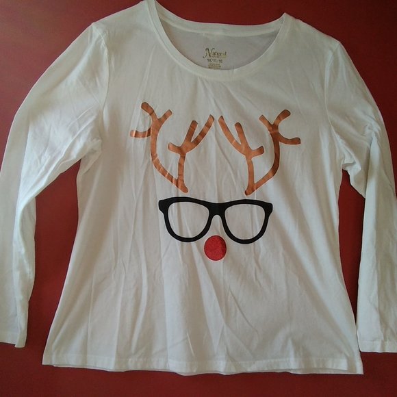 Natural Reflections Tops - Fun Bespectacled "Rudolph Reindeer Long Sleeve Tee 1X